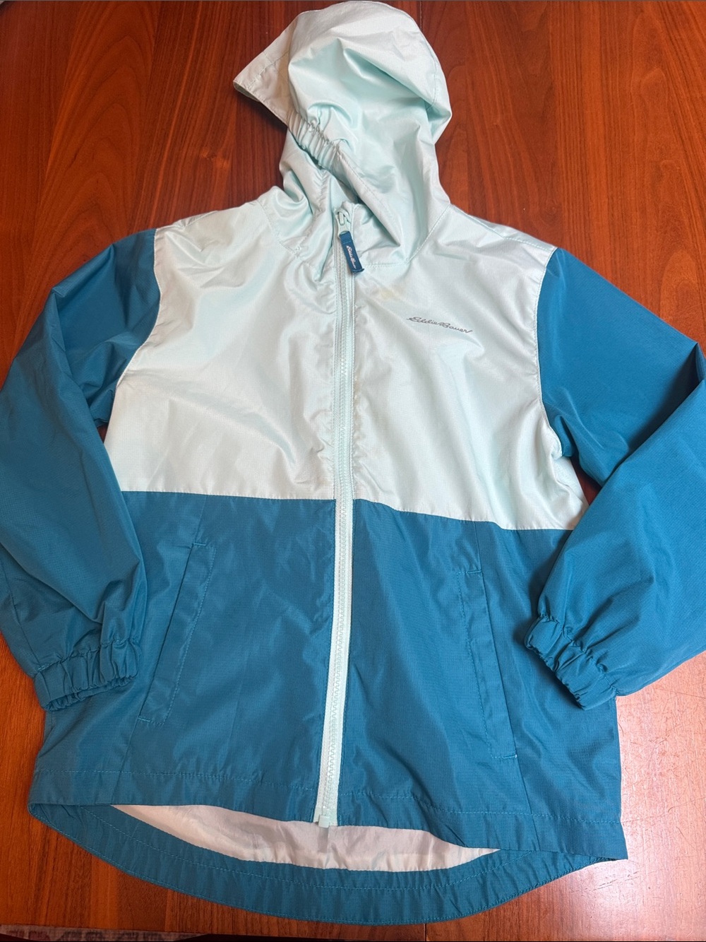 Eddie Bauer Kids Two-Tone Light Blue & Teal Hooded Rain Jacket